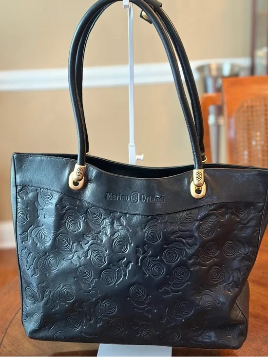 Marino Orlandi Black Embossed Rose Leather Tote with Gold Hardware - Picture 1 of 10